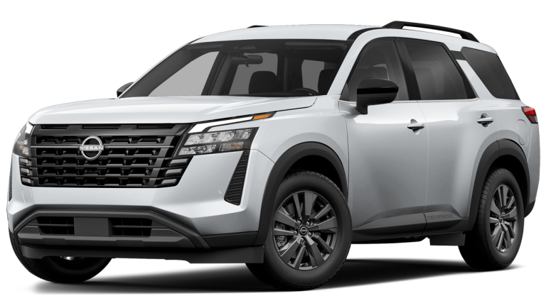 Front view of the 2026 Nissan Pathfinder, showcasing bold LED headlights for this SUV lease deal.