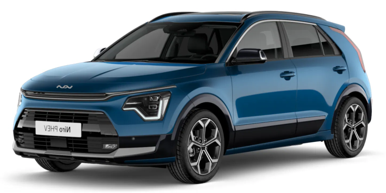 Front exterior view of the 2025 Kia Niro PHEV EX, featuring signature LED daytime running lights, bold grille design, and sculpted hood for a distinctive and contemporary look.
