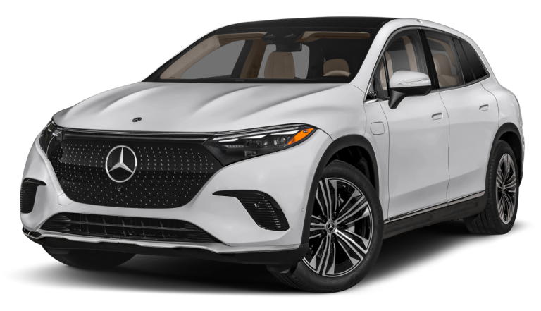 Front three-quarter view of the 2025 Mercedes-Benz EQS 450 4MATIC SUV AWD in silver, highlighting the black panel grille and LED headlamps.
