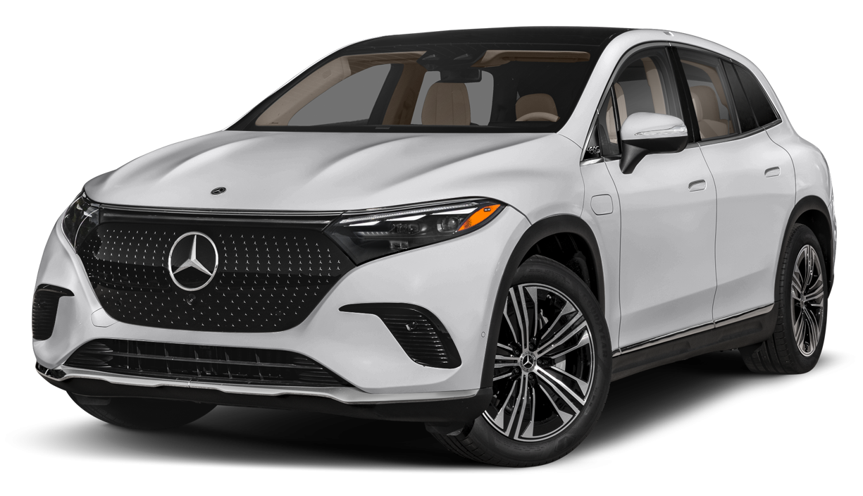 Front three-quarter view of the 2025 Mercedes-Benz EQS 450 4MATIC SUV AWD in silver, highlighting the black panel grille and LED headlamps.