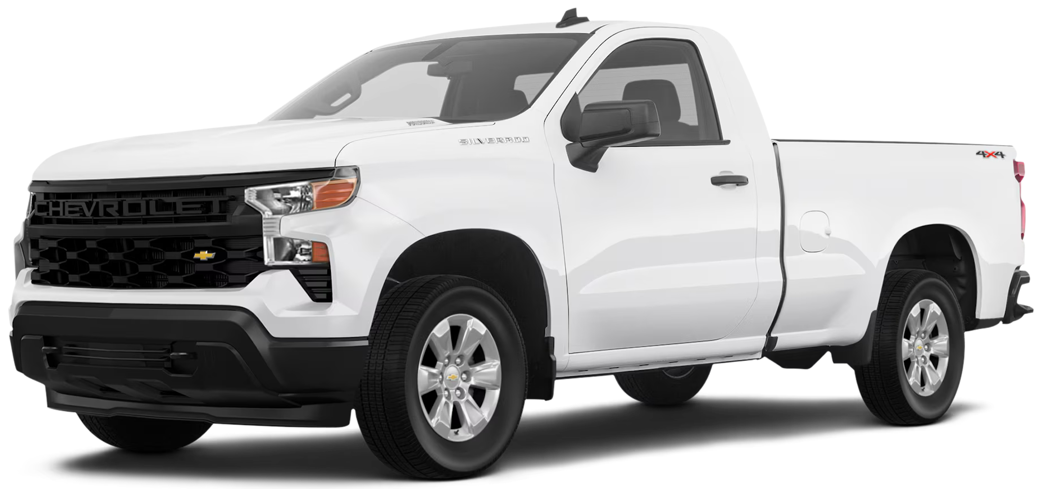 Bold front grille and headlights of the 2025 Chevrolet Silverado WT 4WD with black bumper and Chevrolet badging.