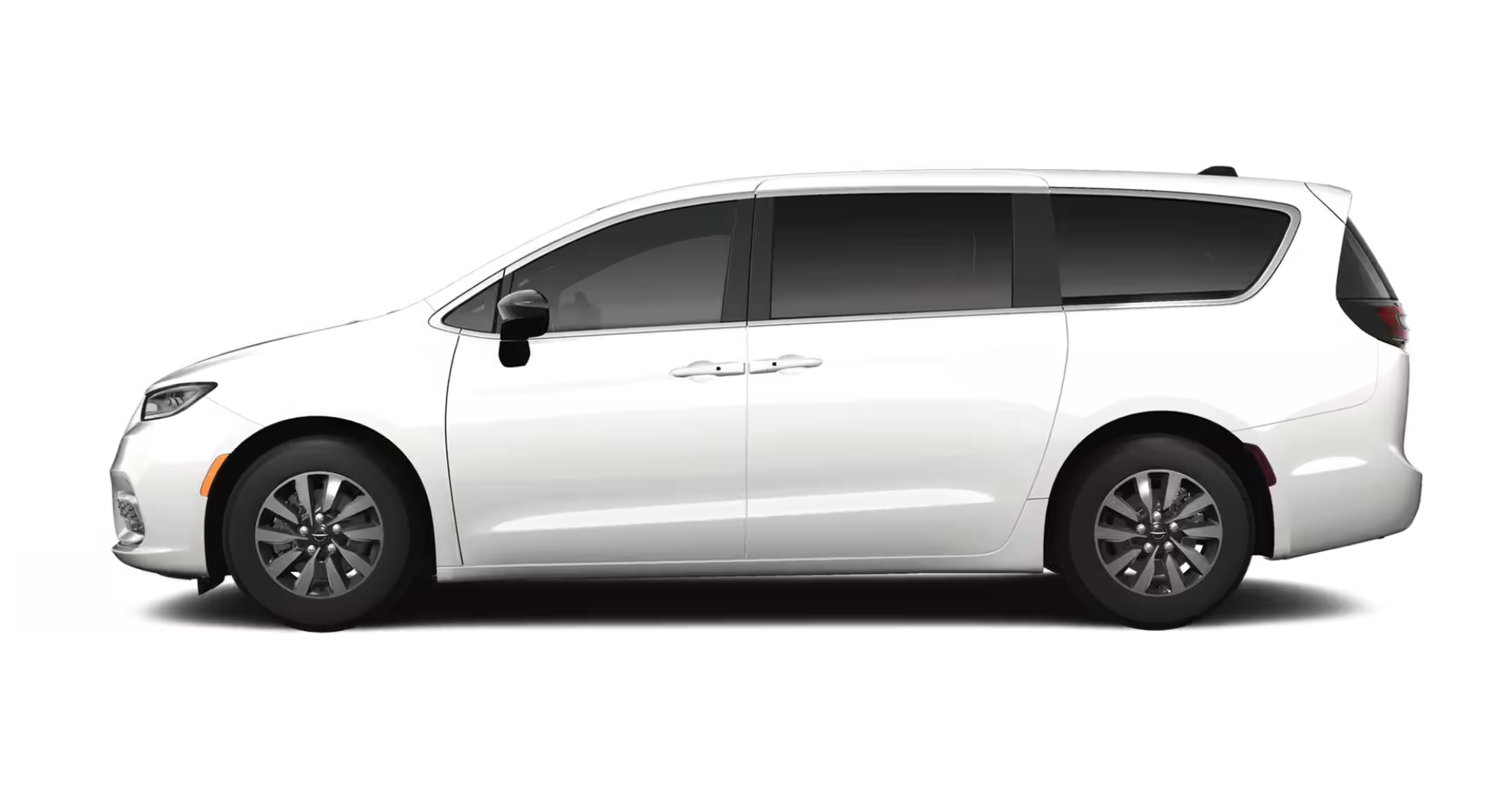 Sleek side profile of the 2025 Chrysler Pacifica PHEV lease Luxury FWD, showing sliding doors, machined wheels, and smooth body lines.