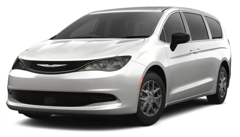 Front angle view of the 2025 Chrysler Voyager FWD in Bright White with halogen headlights and Chrysler grille