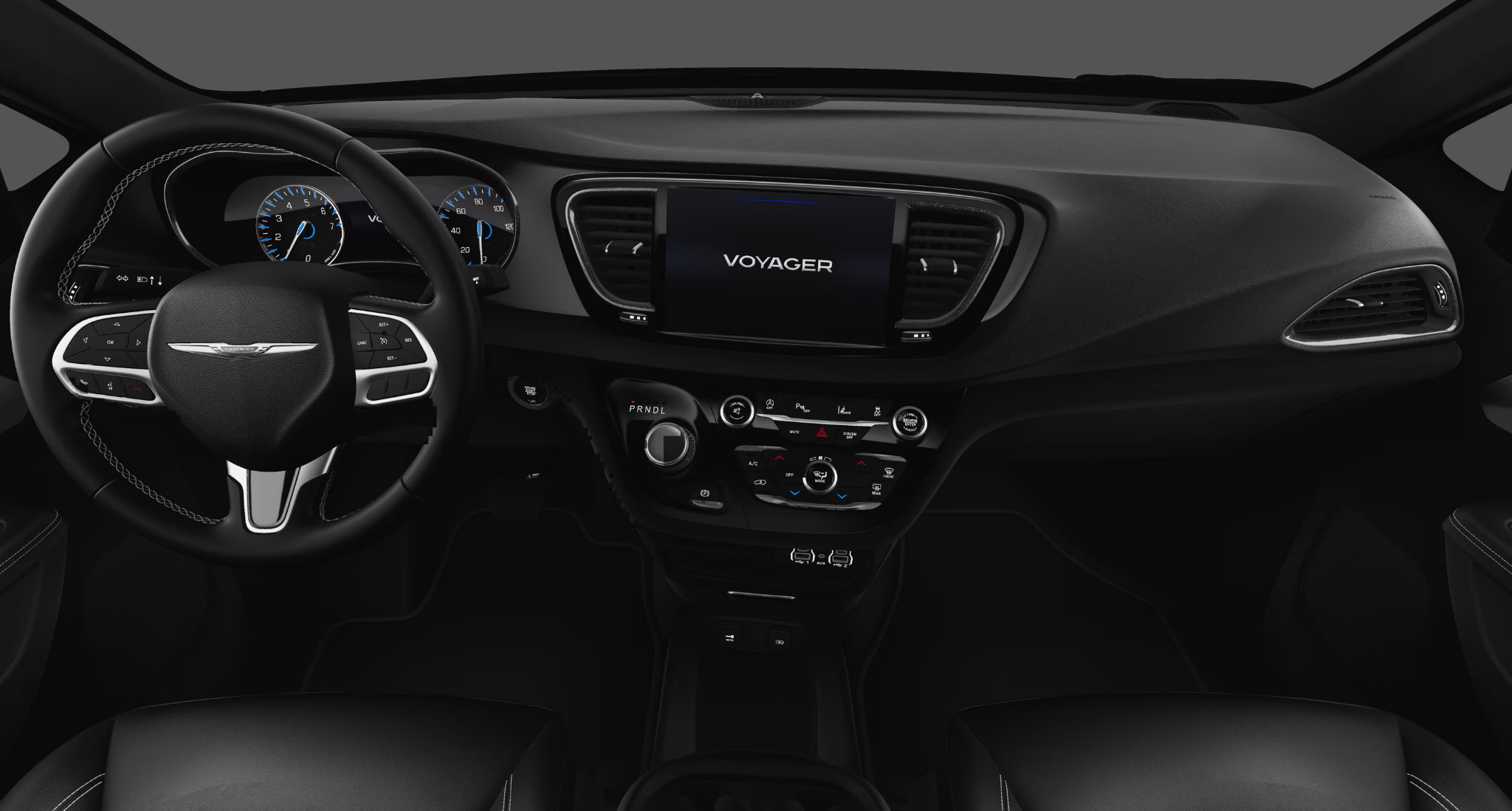 Driver’s view of the 2025 Chrysler Voyager FWD dashboard featuring Uconnect 5 and multifunction steering wheel