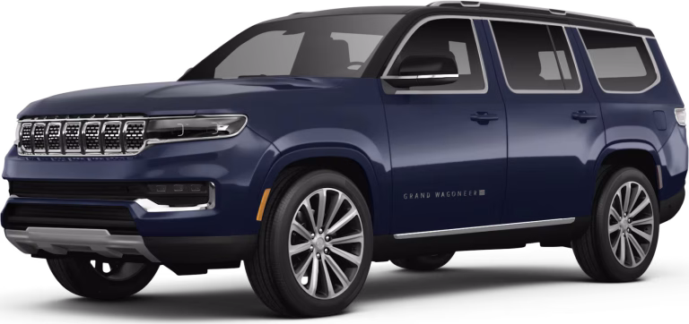 Front view of the 2025 Jeep Grand Wagoneer 4WD in silver, showcasing its iconic grille, LED headlights, and luxury SUV design.