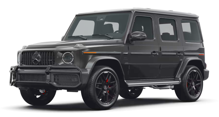 Front view of the 2025 Mercedes-Benz G 550 AWD SUV highlighting the chrome brush guard, LED headlamps, and classic G-Class grille with the Mercedes emblem.