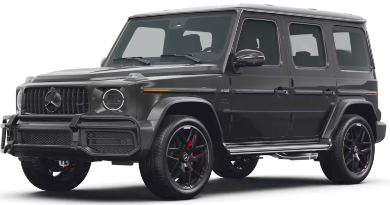 Front view of the 2025 Mercedes-Benz G 550 AWD SUV highlighting the chrome brush guard, LED headlamps, and classic G-Class grille with the Mercedes emblem.