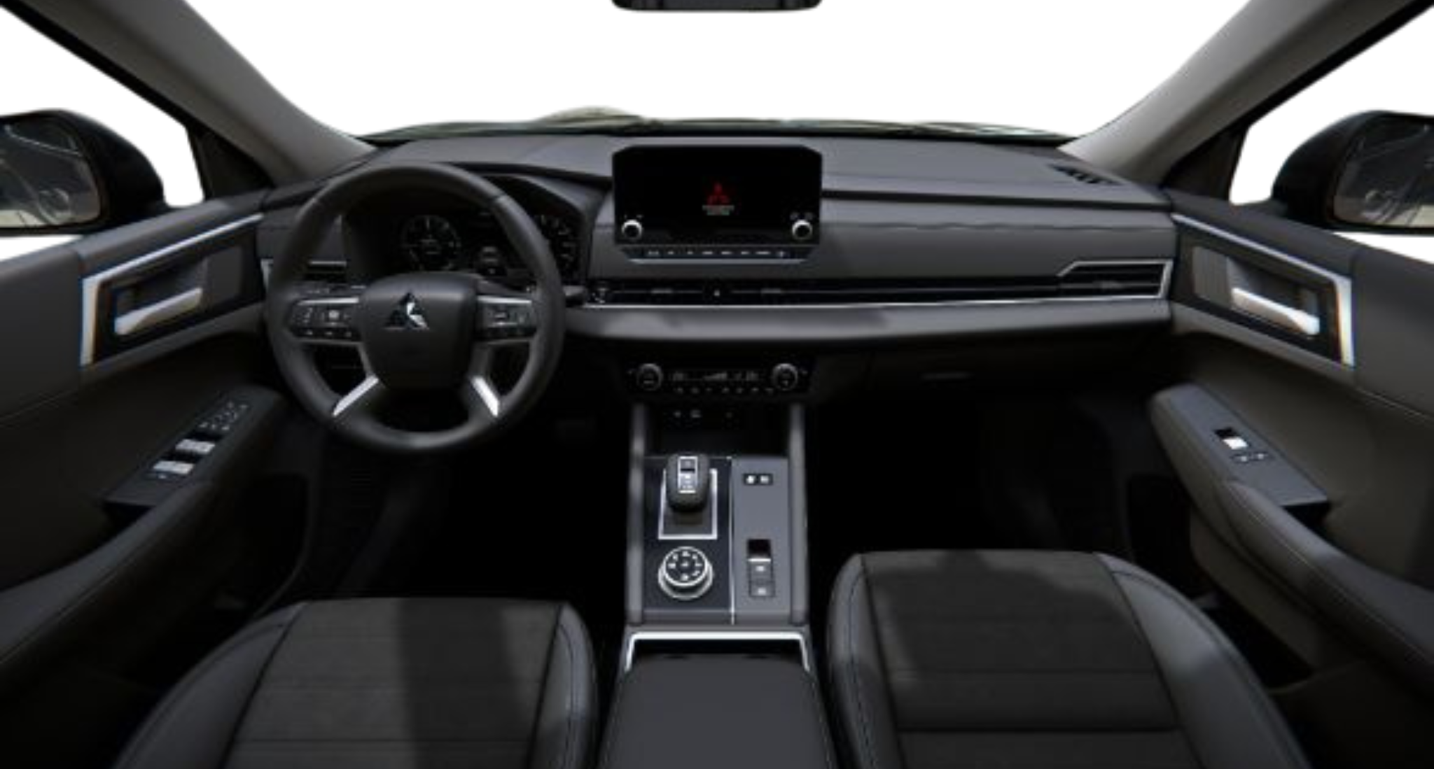 Interior view of the 2025 Mitsubishi Outlander PHEV ES AWD showing the digital display, gear selector, and driver-focused dashboard layout.