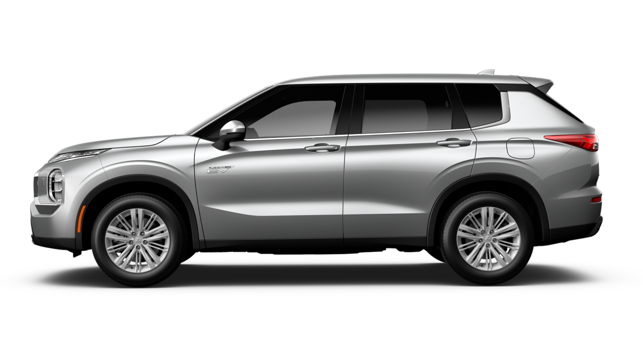 aSide profile of the 2025 Mitsubishi Outlander PHEV ES AWD highlighting its aerodynamic body, EV badging, and alloy wheels.