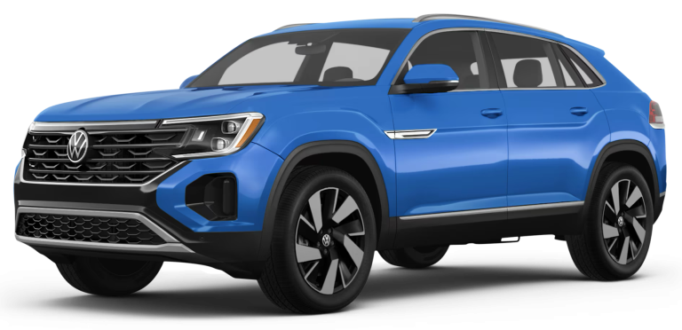 Front view of the 2025 Volkswagen Atlas Cross Sport SE AWD with LED headlights and a bold, modern grille design.