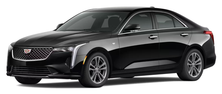 Front view of the 2025 Cadillac CT4 RWD Luxury sedan highlighting its bold grille, LED headlamps, and sleek aerodynamic design.