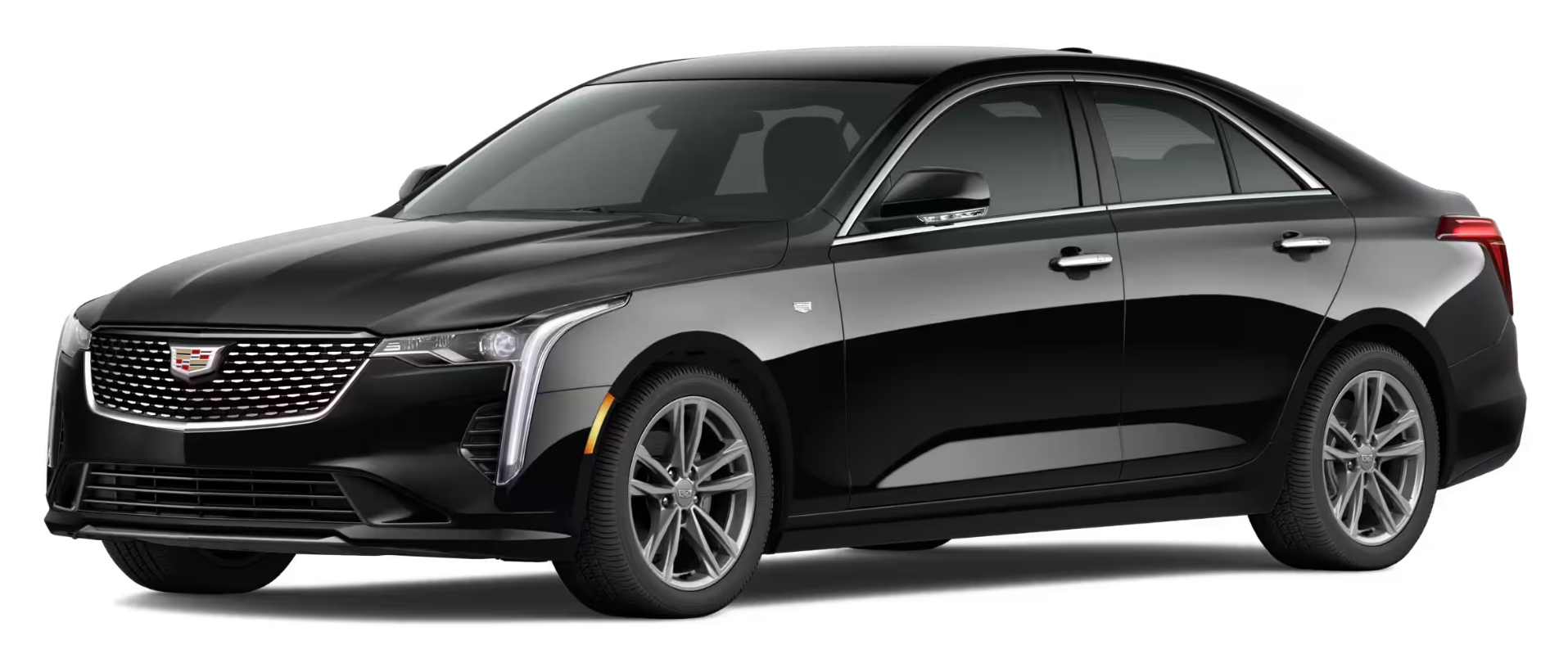 Front view of the 2025 Cadillac CT4 RWD Luxury sedan highlighting its bold grille, LED headlamps, and sleek aerodynamic design.