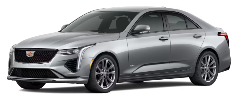 2025 Cadillac CT4 V-Series AWD front view showcasing its bold grille, aerodynamic design, and LED headlights, emphasizing luxury sports sedan styling.