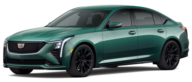 Front view of the 2025 Cadillac CT5 V-Series RWD luxury sedan highlighting the signature Cadillac grille, LED headlights, and aggressive performance styling.