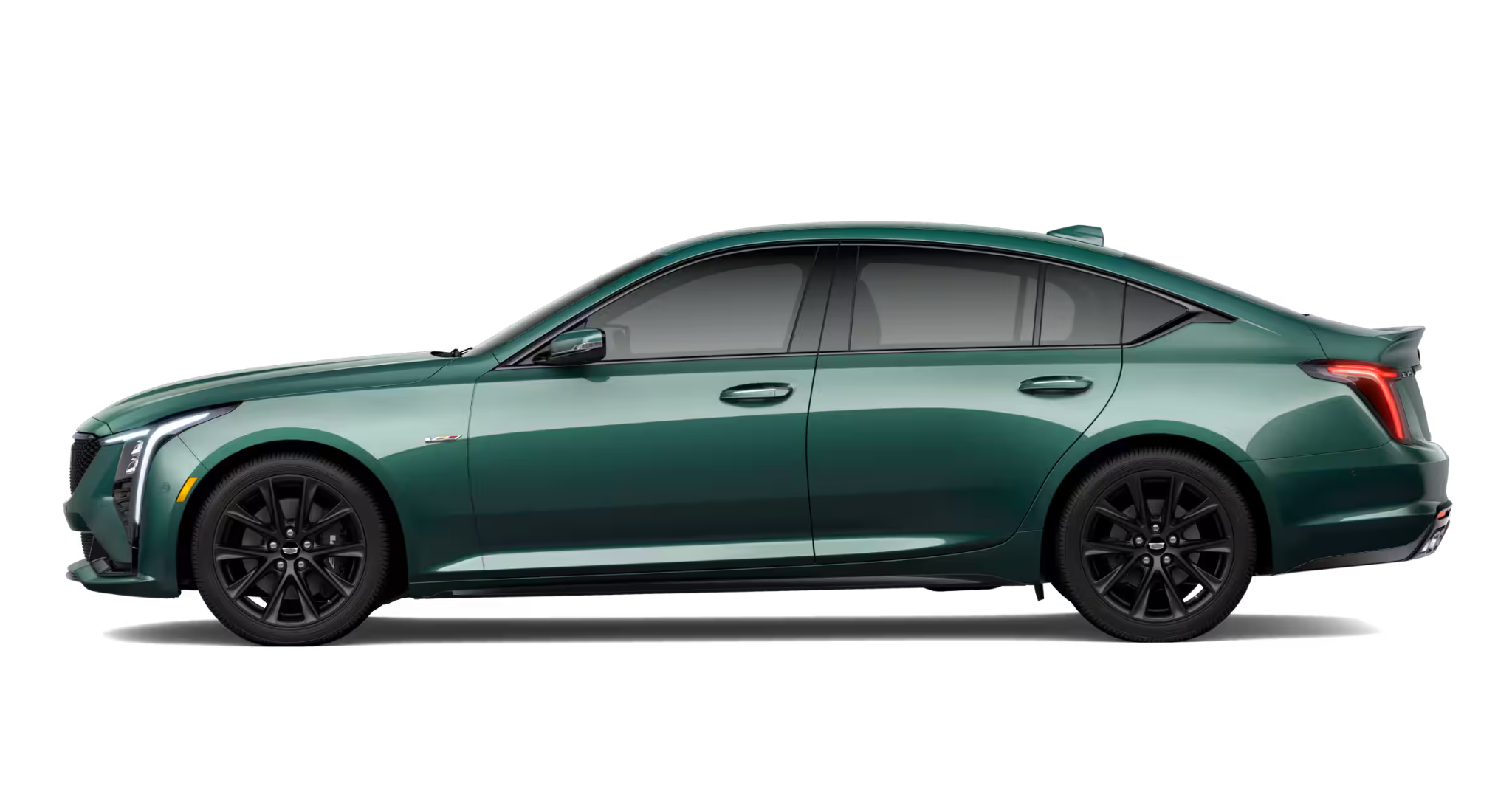 Sleek side profile of the 2025 Cadillac CT5 V-Series RWD luxury sedan featuring a dynamic design, stylish body lines, and 19-inch Satin Graphite alloy wheels.