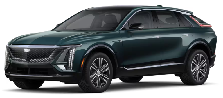 Front view of the 2025 Cadillac Lyriq AWD EV Luxury 1 AWD in Emerald Green, highlighting the illuminated front grille, vertical LED headlights, and bold aerodynamic styling.