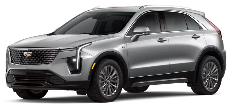 Front exterior view of the 2025 Cadillac XT4 Premium Luxury AWD in silver, highlighting its bold grille, LED headlamps, and sophisticated SUV styling.