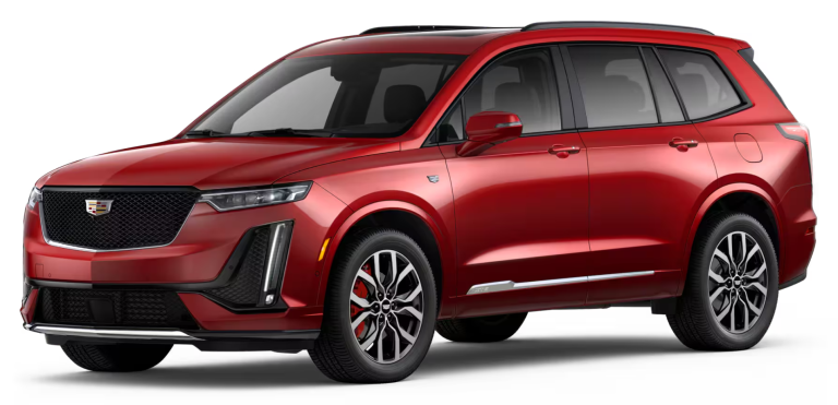 Front exterior view of the 2025 Cadillac XT6 Luxury AWD displaying signature Cadillac grille, LED headlights, and aerodynamic styling.