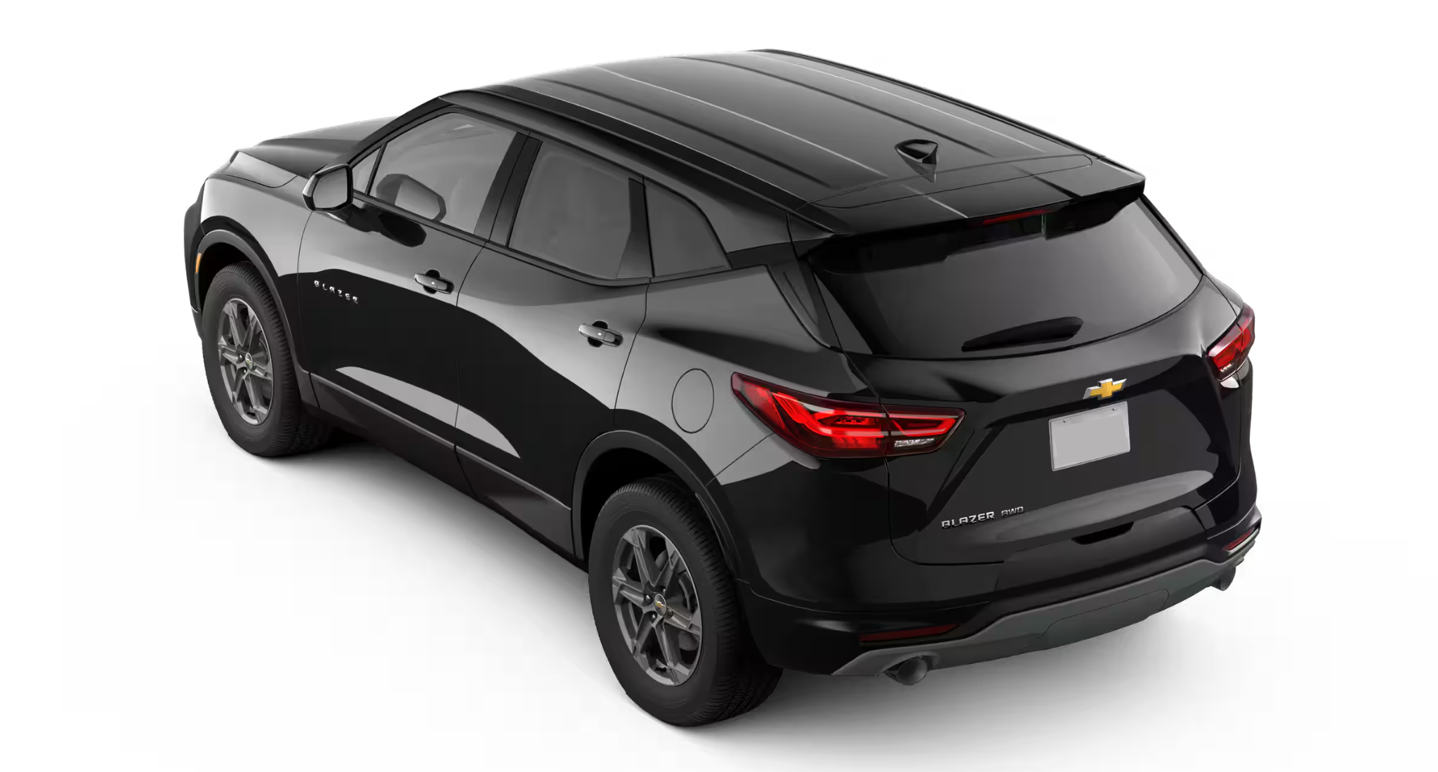 2025 Chevrolet Blazer 2LT rear three-quarter view in black, highlighting wraparound LED taillights and sculpted body lines.