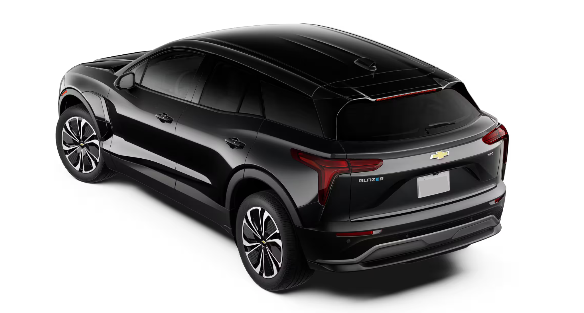 Rear angle view of the 2025 Chevrolet Blazer EV LT in black, showcasing LED taillights and sculpted aerodynamic rear design.