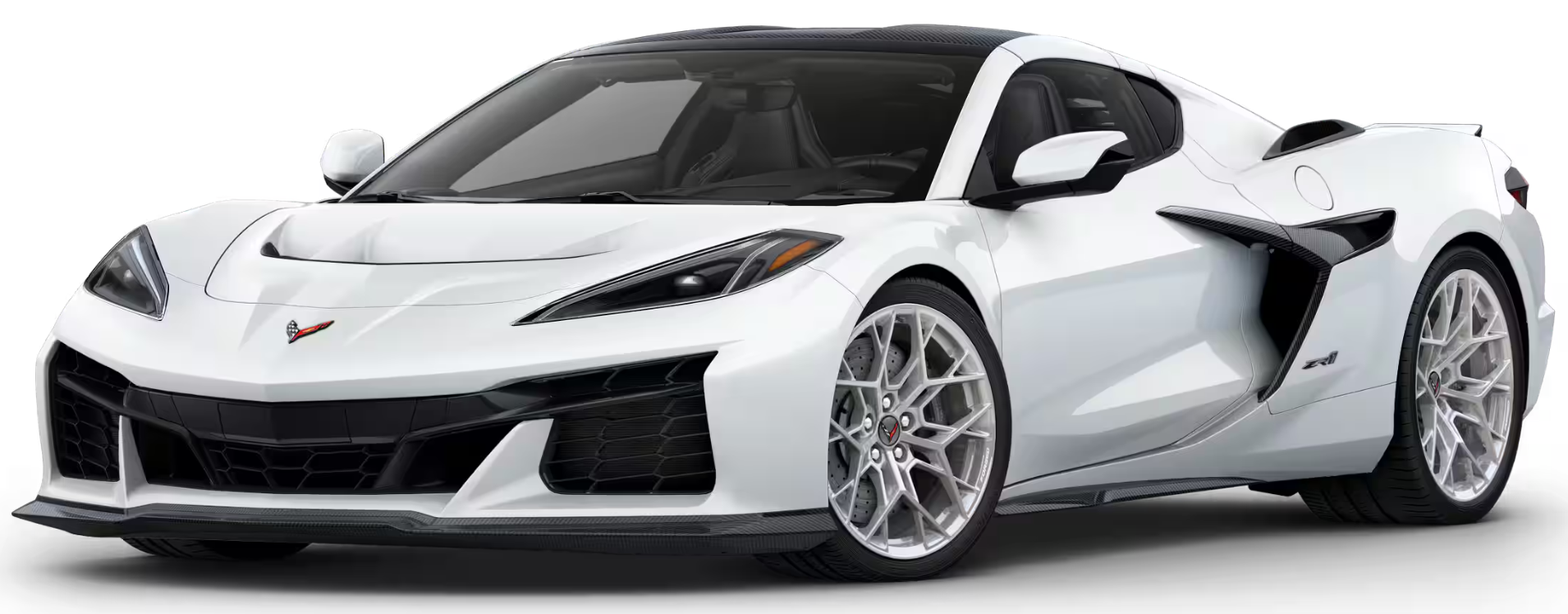 Aggressive front design of 2025 Chevrolet Corvette ZR1 RWD with carbon-fiber hood vents and LED headlamps.