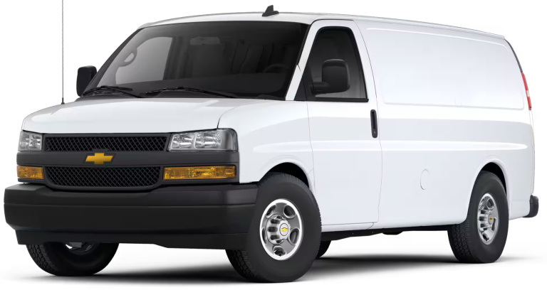 Front view of the 2025 Chevrolet Express Cargo WT RWD featuring the Chevrolet grille, dual headlamps, and rugged design.