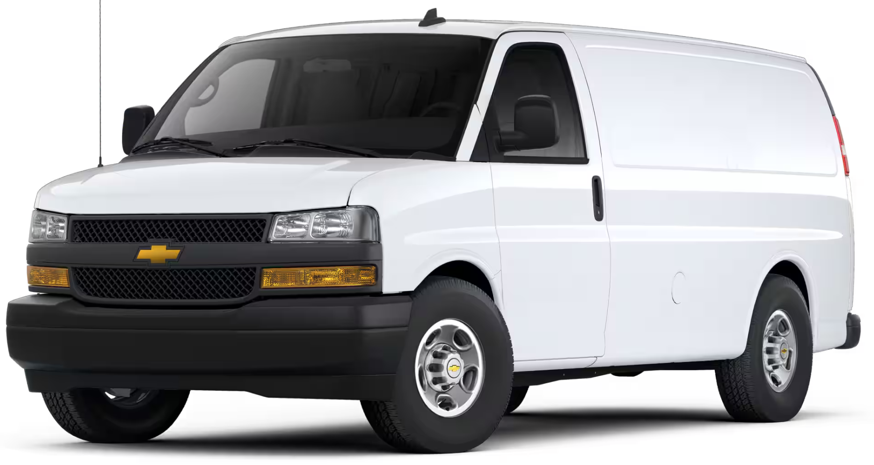 Front view of the 2025 Chevrolet Express Cargo WT RWD featuring the Chevrolet grille, dual headlamps, and rugged design.