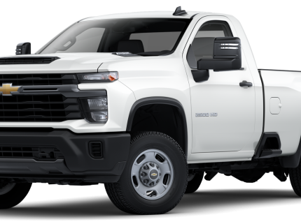 a2025 Chevrolet Silverado 2500 HD WT 4WD front angle view showcasing bold grille, LED headlights, and 6.6L badge on hood