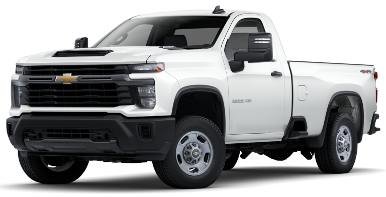 a2025 Chevrolet Silverado 2500 HD WT 4WD front angle view showcasing bold grille, LED headlights, and 6.6L badge on hood