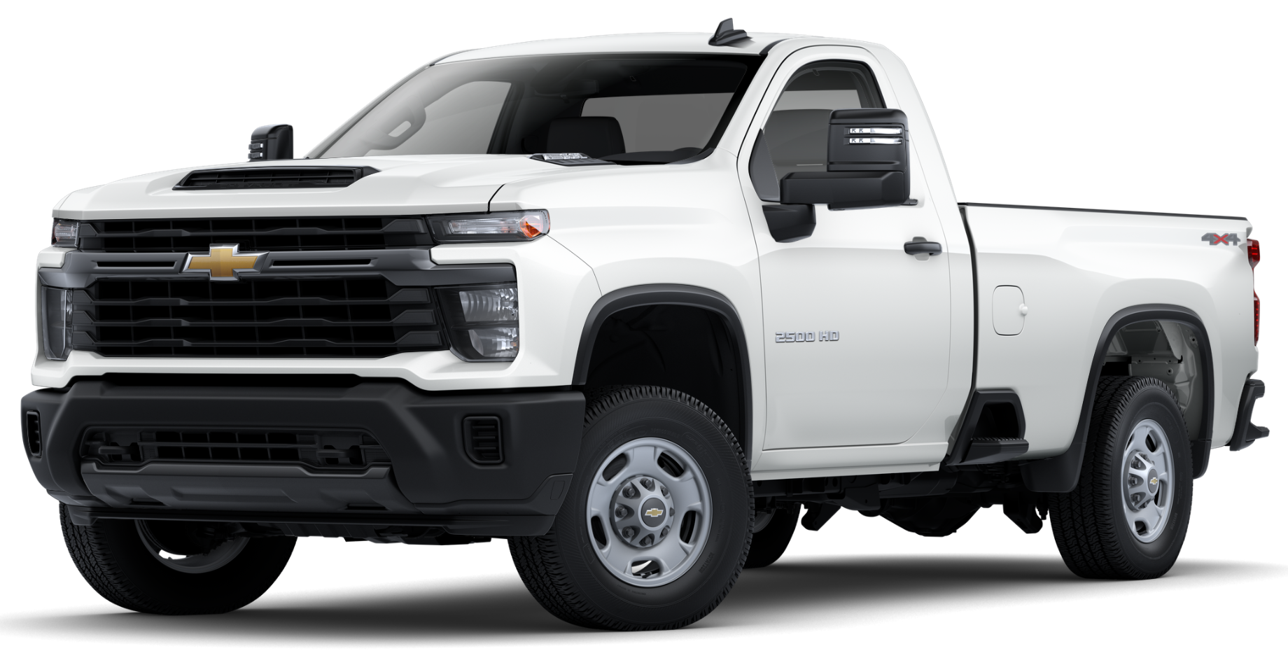 a2025 Chevrolet Silverado 2500 HD WT 4WD front angle view showcasing bold grille, LED headlights, and 6.6L badge on hood