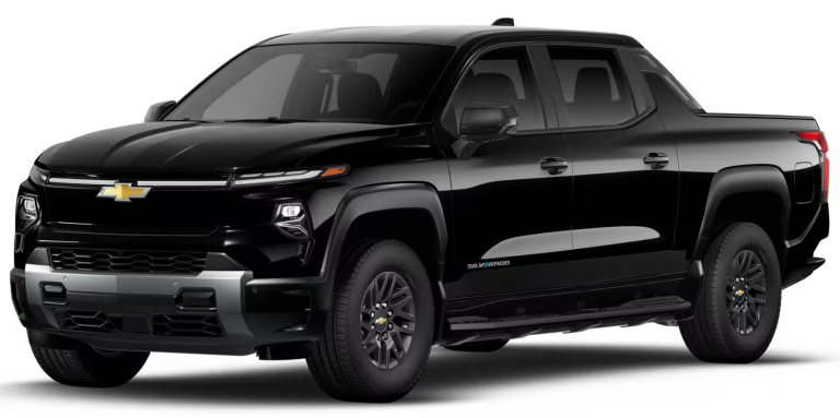 Front angle of the 2025 Chevrolet Silverado EV LT showing LED headlamps, signature grille, and bold Chevrolet design