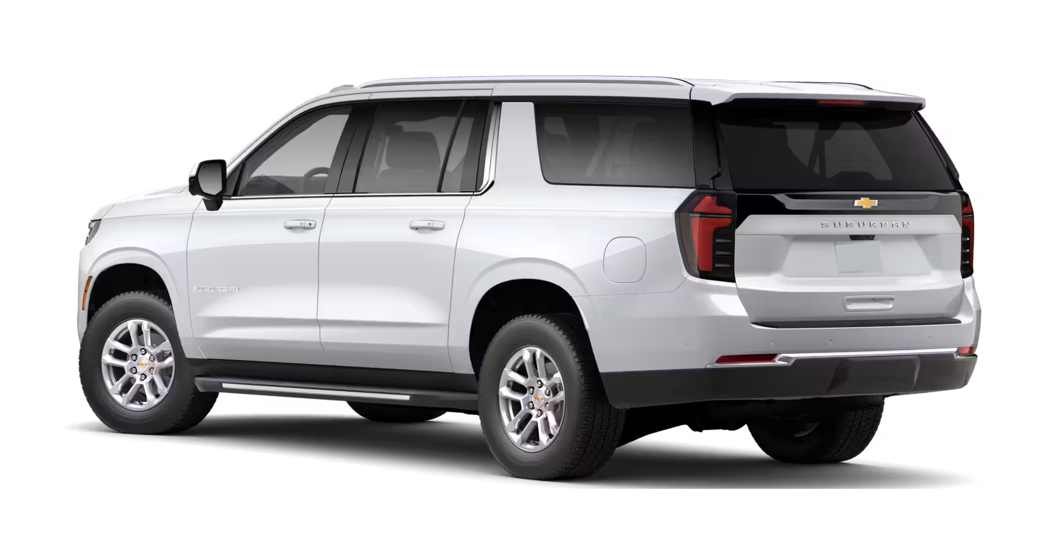 Rear exterior view of the 2025 Chevrolet Suburban LS 4WD showcasing its bold tailgate design and LED tail lamps.