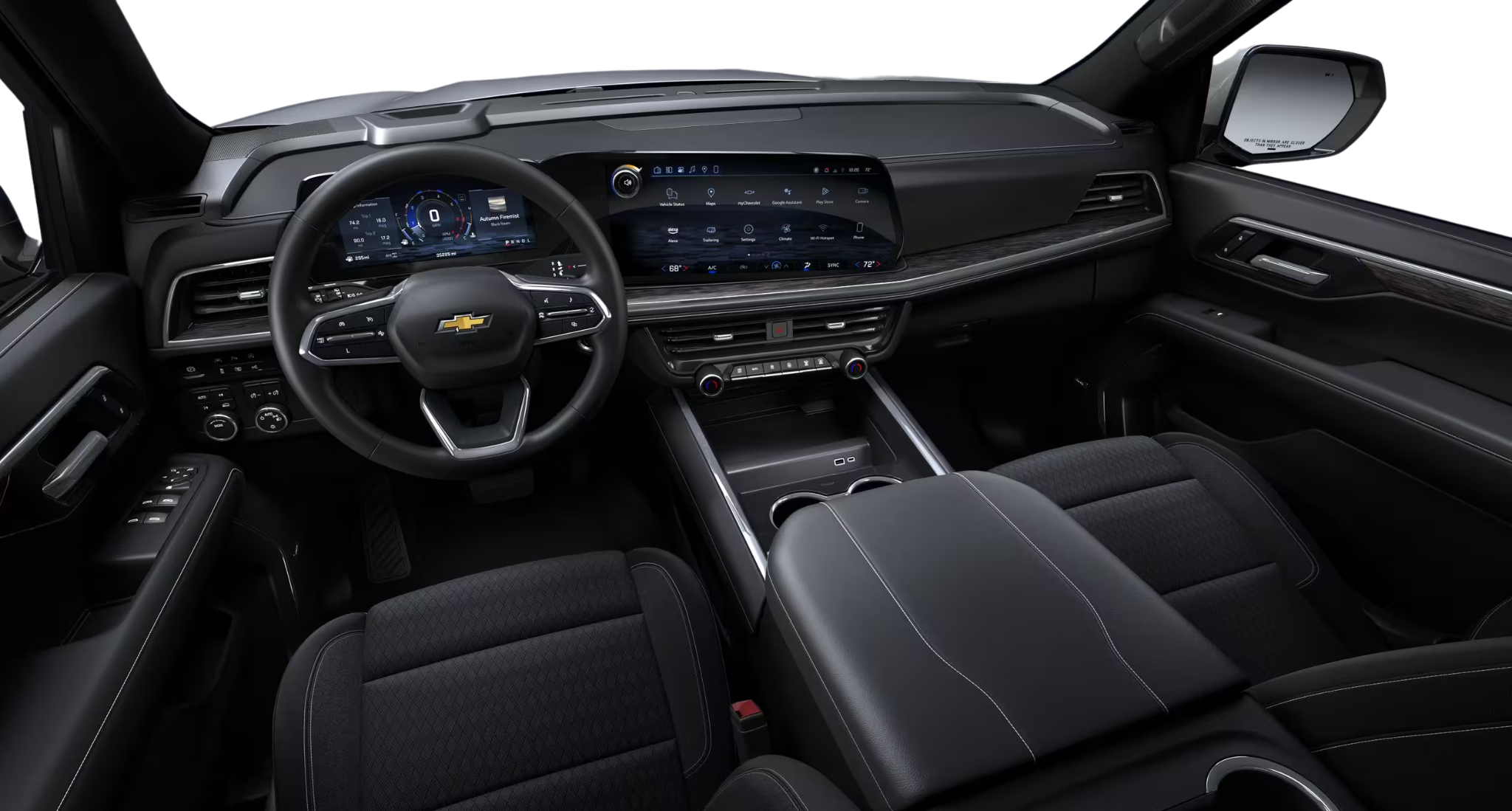 2025 Chevrolet Tahoe 4WD dashboard view with digital driver display, touchscreen infotainment system, and premium interior styling.