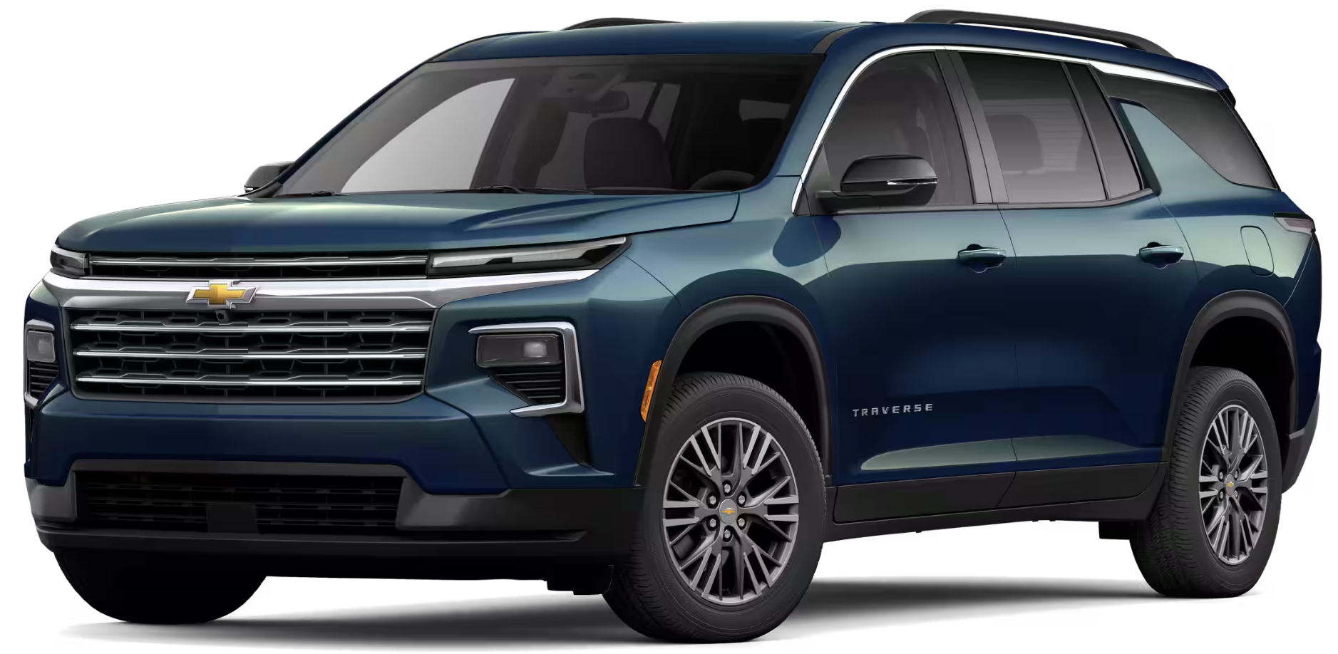 Front view of 2025 Chevrolet Traverse in navy blue featuring bold grille, slim LED headlights, and modern SUV styling