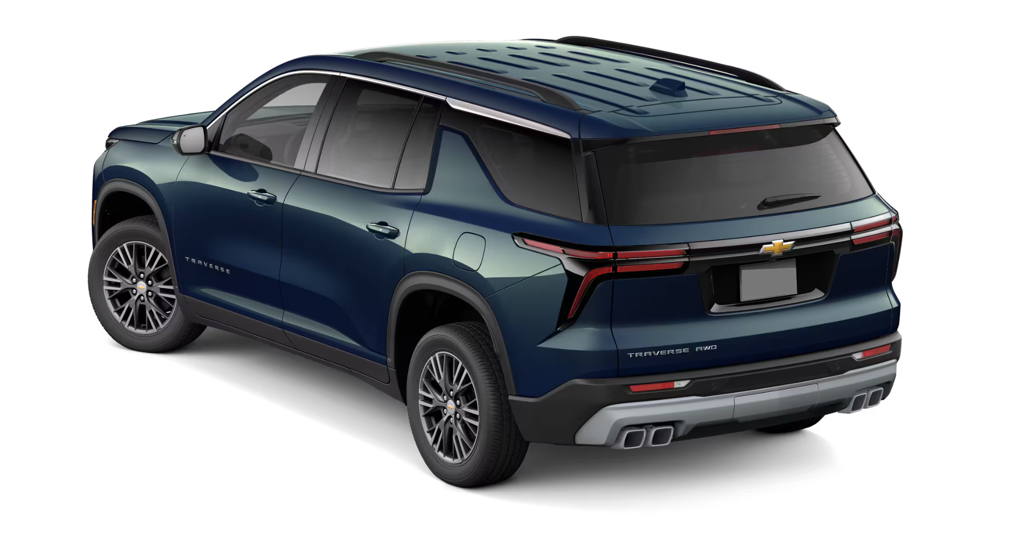 Rear view of 2025 Chevrolet Traverse in dark blue finish highlighting sleek LED taillights and quad exhaust design