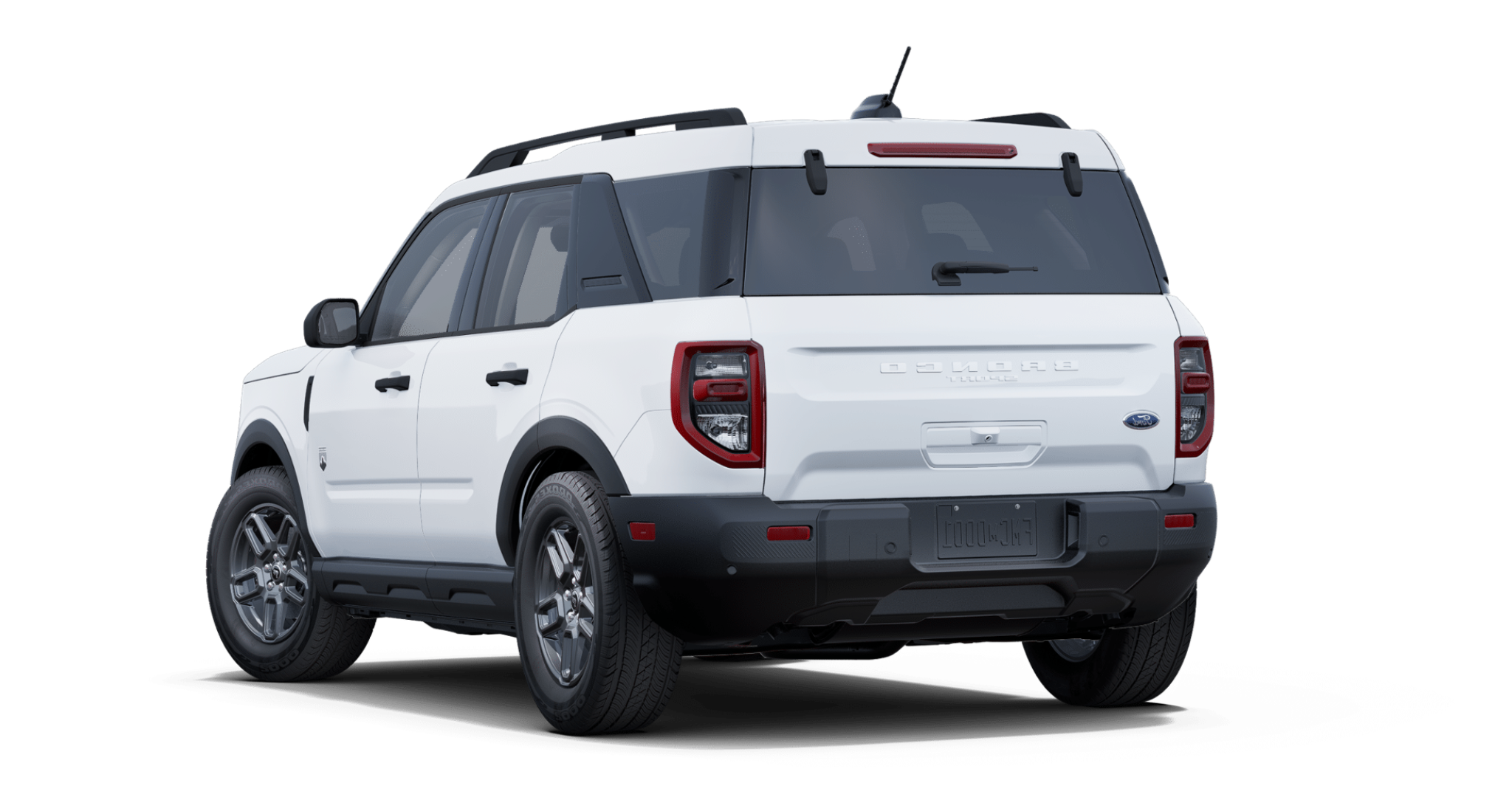 Rear view of the 2025 Ford Bronco Sport Big Bend in white showing tailgate, roof rails, and signature lights