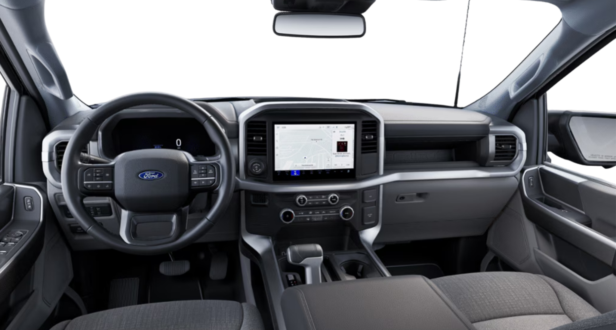 Close-up of the 2025 Ford F-150 Lightning XLT EV dashboard with SYNC 4A touchscreen and digital cluster display.