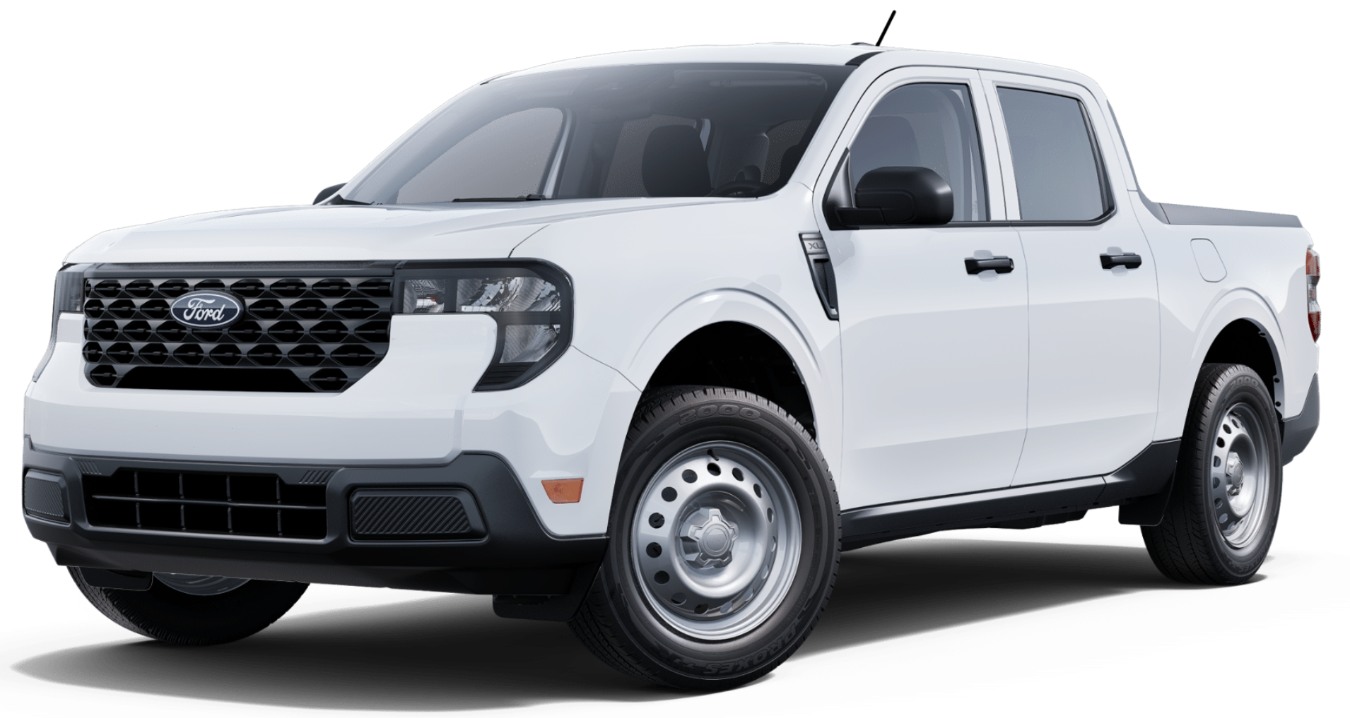 2025 Ford Maverick XL Supercrew AWD pickup truck front angle with black mesh grille and LED headlamps in white finish
