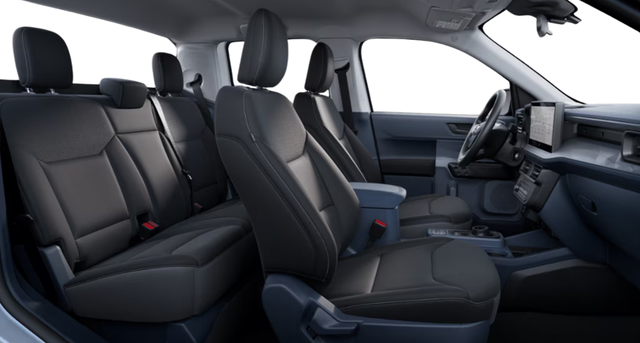 2025 Ford Maverick XL Supercrew AWD interior seating for five, showing front and rear black cloth seats and center console