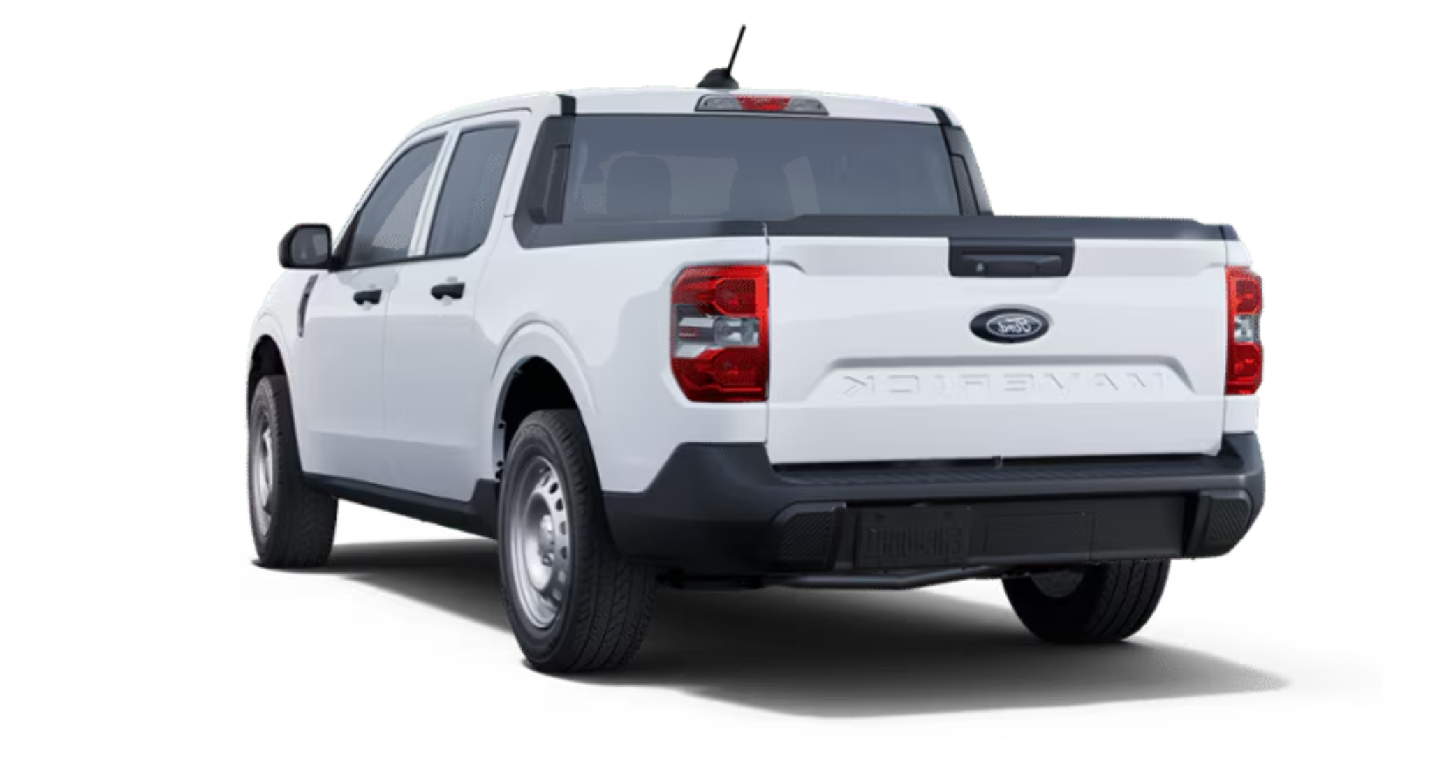 2025 Ford Maverick XL rear angle with stamped tailgate, red tail lights, and black rear bumper in clean white finish