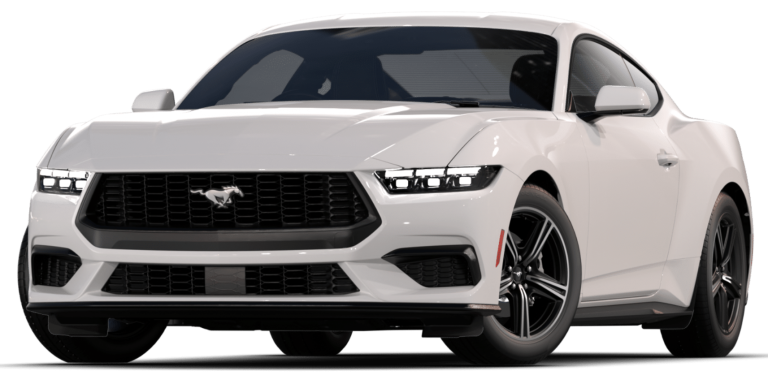 Front angle of the 2025 Ford Mustang Ecoboost RWD in Oxford White, highlighting LED headlamps and signature Mustang grille.