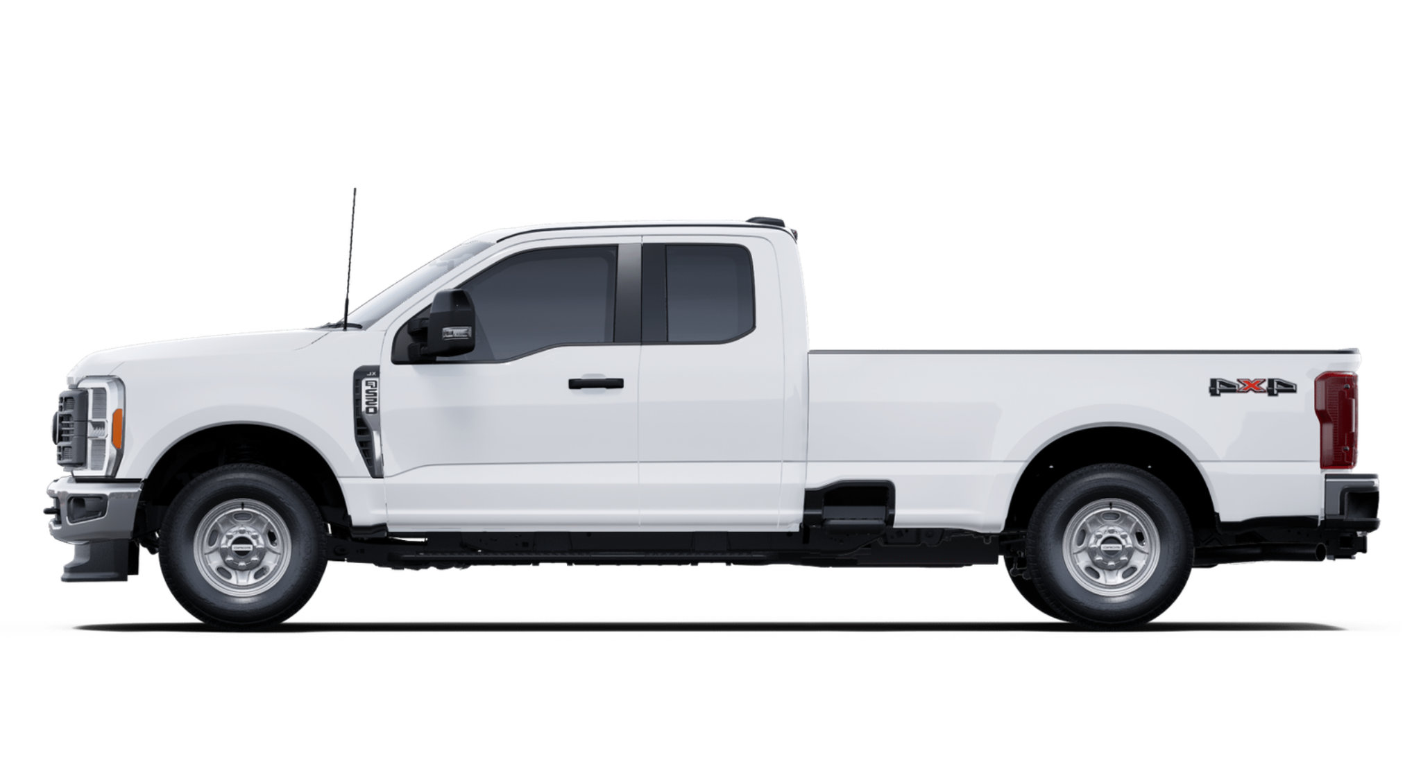 Side profile of the 2025 Ford Super Duty F-250 XL 4X4 in Oxford White featuring extended cab and long bed