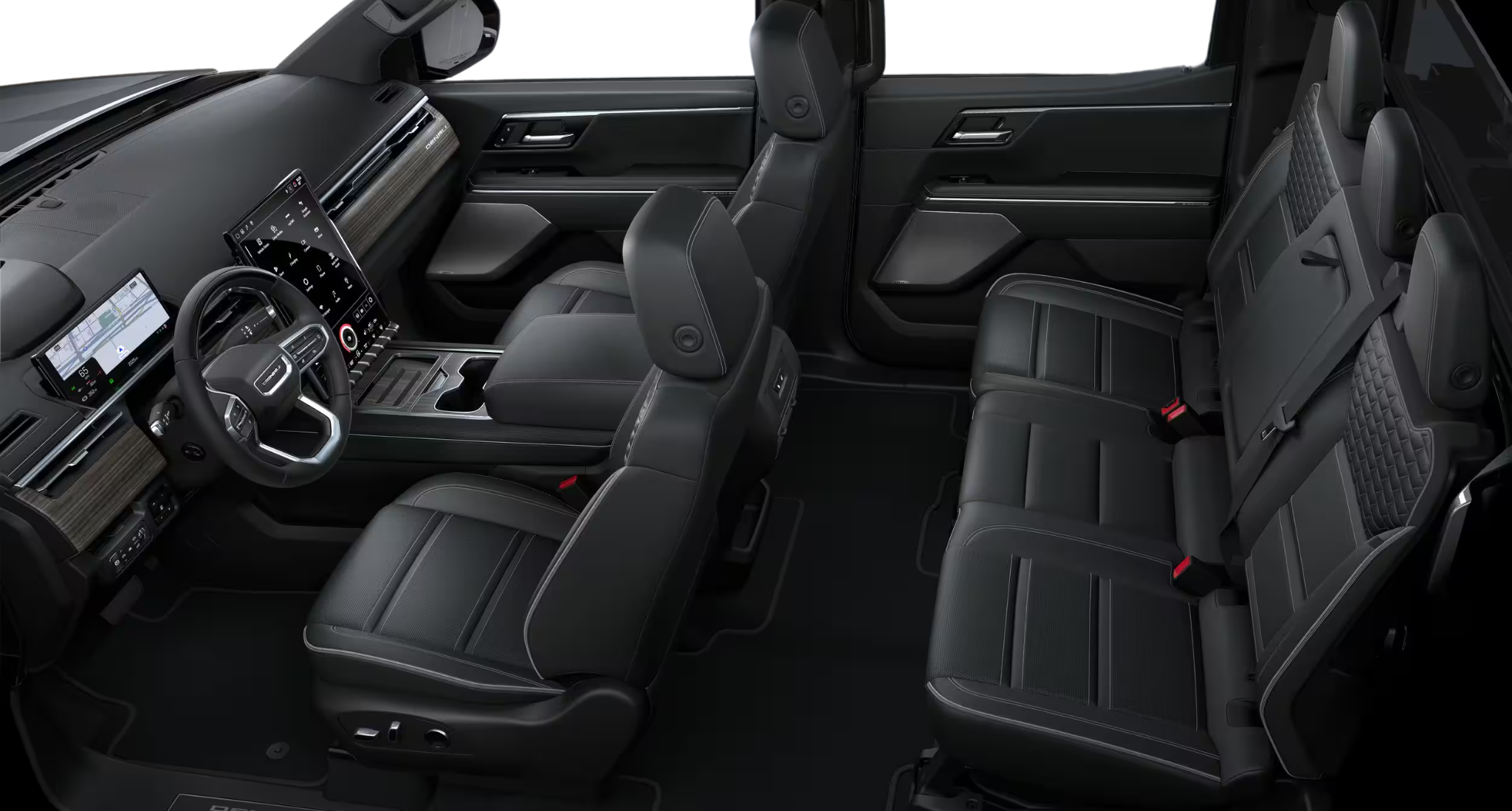 Premium black leather interior of the 2025 GMC Sierra EV Denali 4WD, showcasing spacious front and rear seating with detailed stitching.