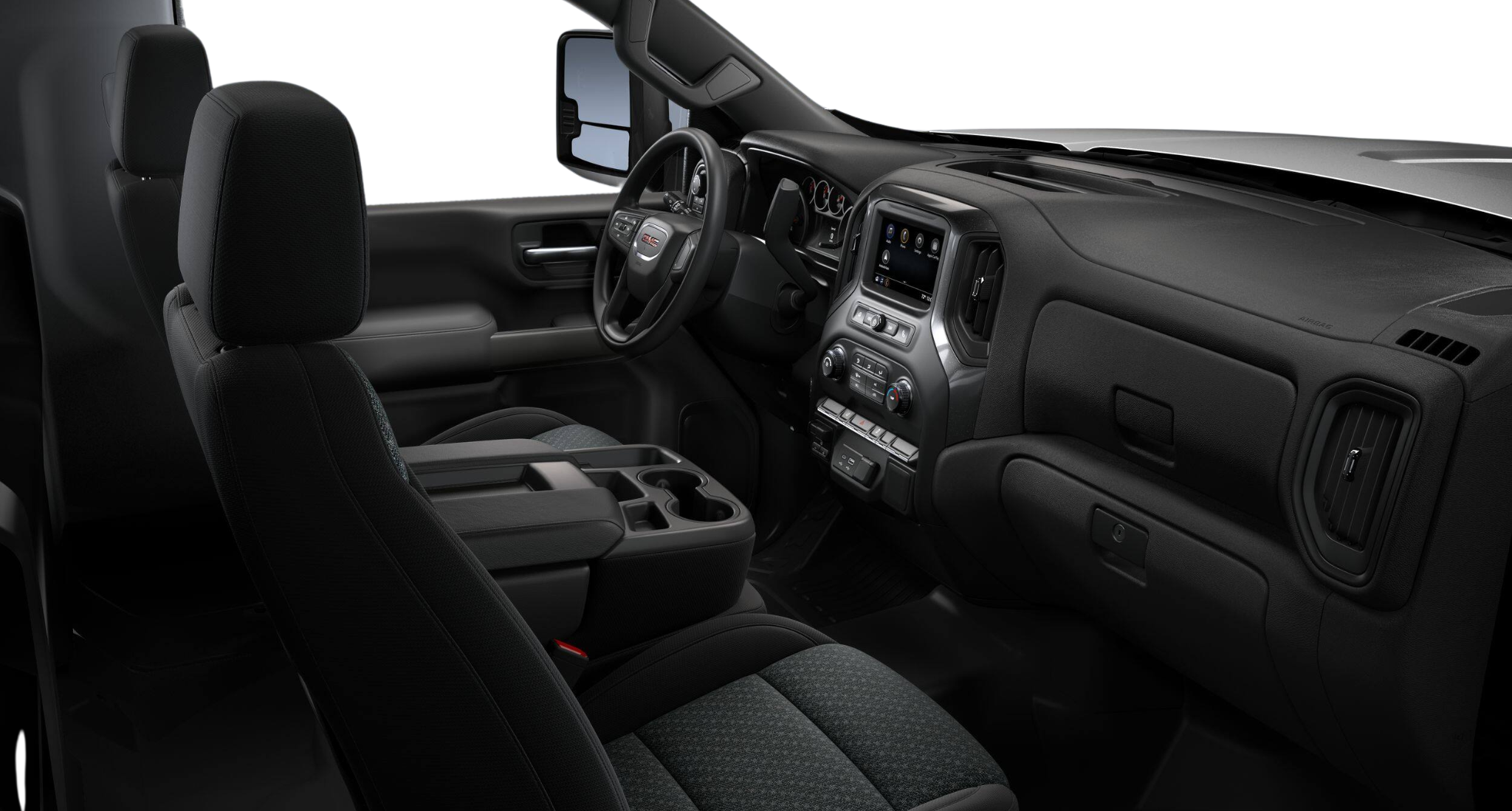 2025 GMC Sierra 2500 HD Pro 4WD interior with front bench seats, fold-down center console, and durable upholstery.