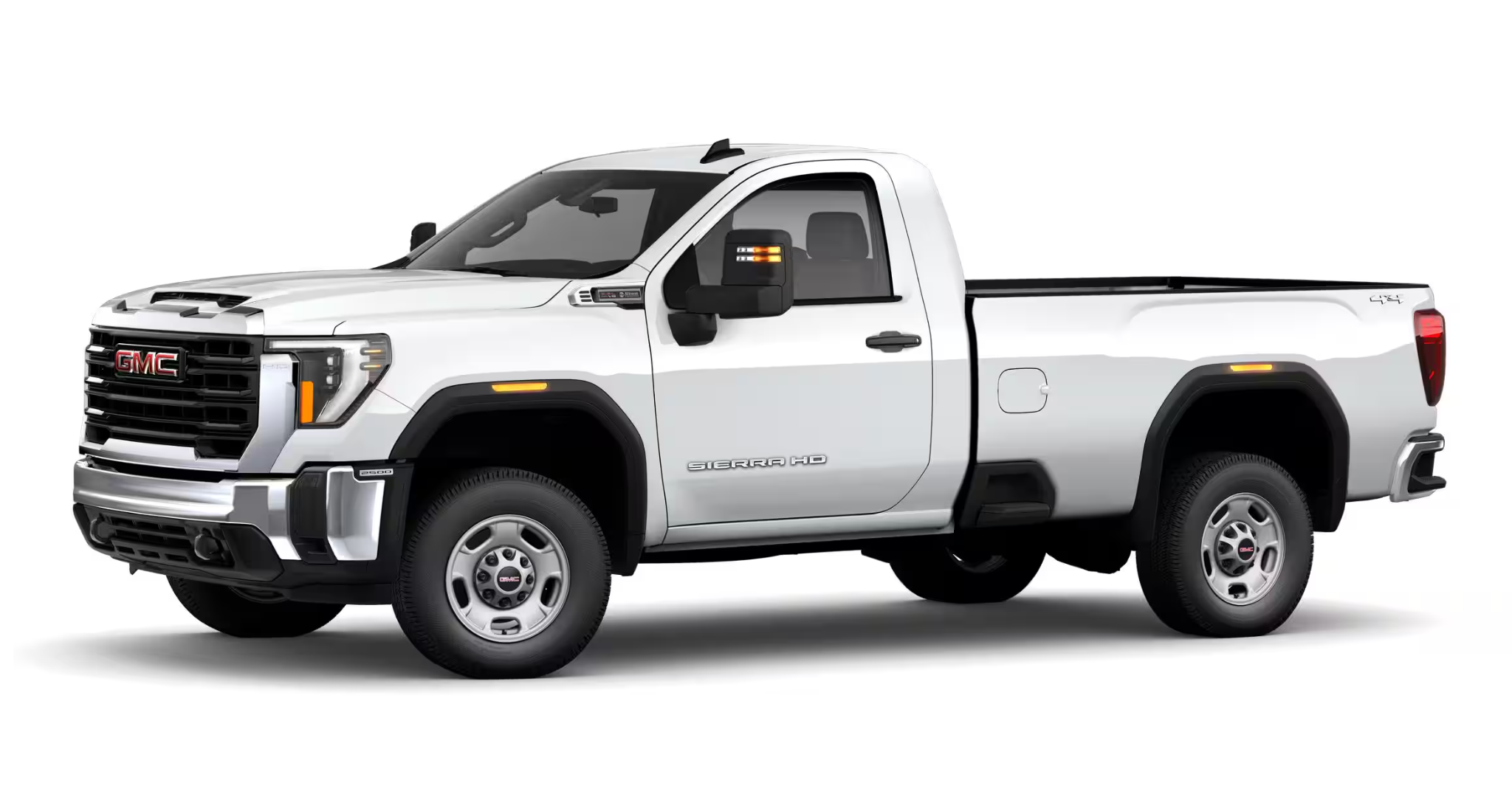 Side profile of the 2025 GMC Sierra 2500 HD Pro Regular Cab in white, showing long bed, chrome accents, and 4x4 badging.
