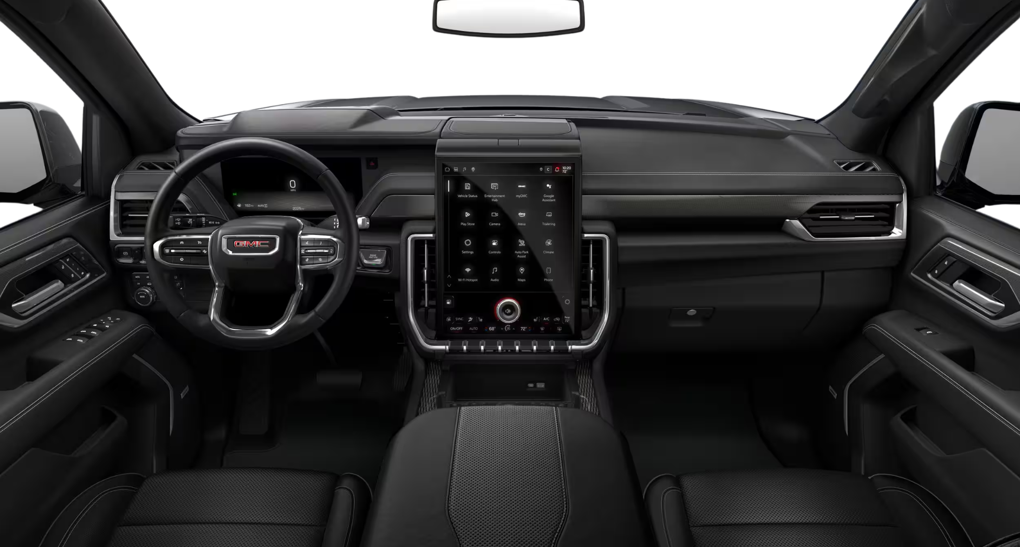 Interior dashboard of the 2025 GMC Yukon Elevation with 16.8-inch touchscreen, premium materials, and advanced tech features.