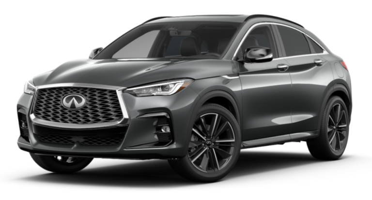Front exterior view of the 2025 Infiniti QX55 LUXE AWD showcasing its signature Infiniti grille, LED headlights, and aggressive SUV stance.