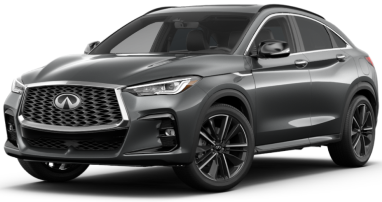 Front exterior view of the 2025 Infiniti QX55 LUXE AWD showcasing its signature Infiniti grille, LED headlights, and aggressive SUV stance.