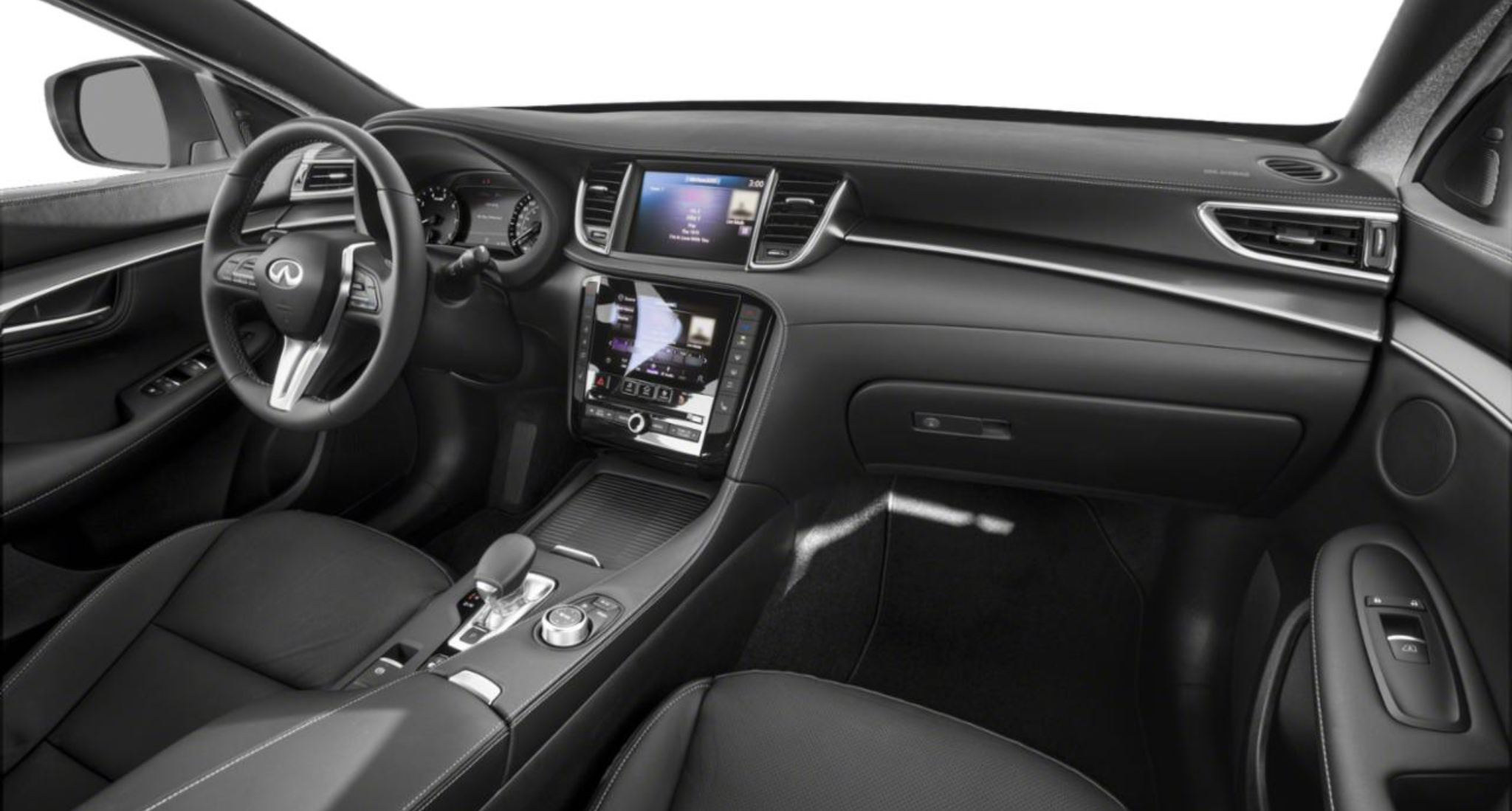 Interior dashboard view of the 2025 Infiniti QX55 LUXE AWD showcasing dual touchscreen displays, leather-trimmed cabin, and advanced driver technology.
