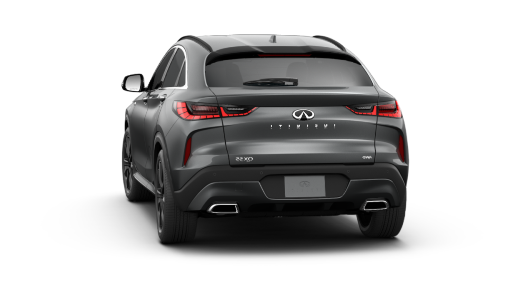 Rear exterior view of the 2025 Infiniti QX55 LUXE AWD highlighting its bold tail lights, sleek coupe-inspired design, and dual exhaust finishers.